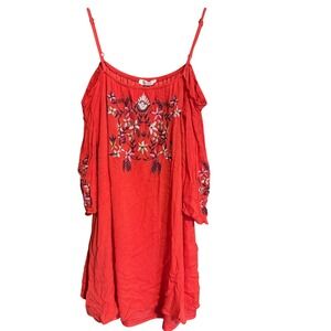 Rebellion Womens Boho Cold Shoulder Embroidered Shirt Coral Red Size Medium